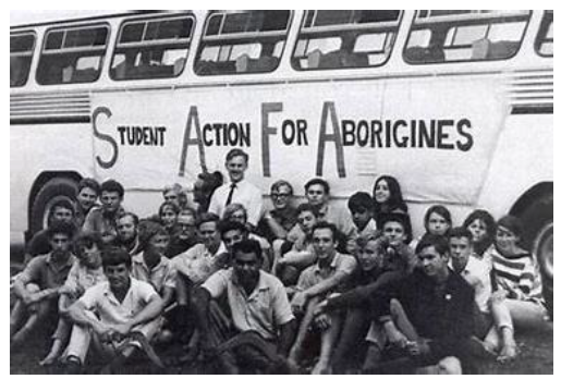 Documentary cover of bus and protest sign reading student action for Aborigines and protesters posing for the camera