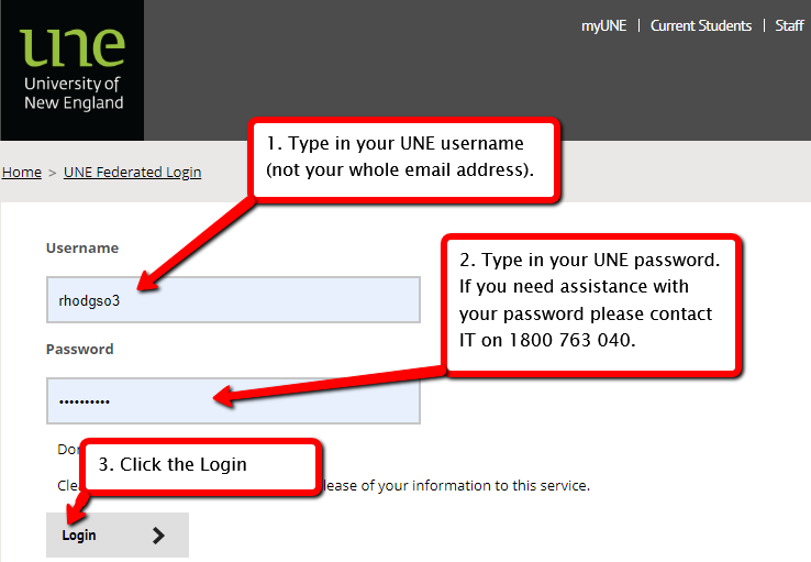 screenshot of the login screen indicating UNE username and password fields. 