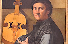 Medieval painting of young man with a stringed instrument