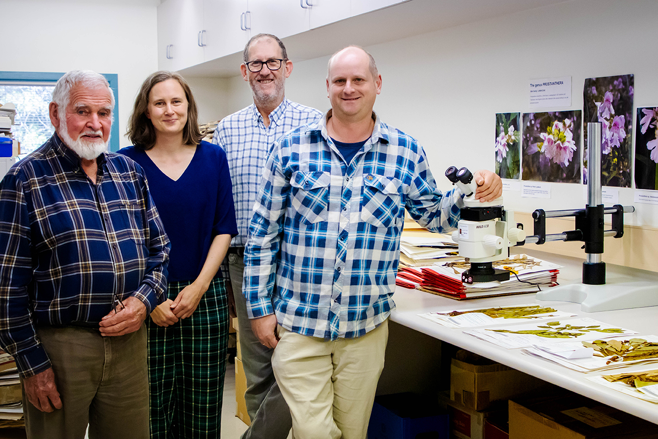 Dr Ian Telford, Associate Professor Rose Andrew, Emeritus Professor Jeremy Bruhl, and Dr Andrew Thornhill standing with the specimens used in the project.