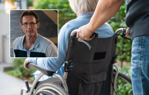 Profile headshot of middle-aged male academic in glasses overlayed on top of an image of a person being pushed on a wheelchair outside.