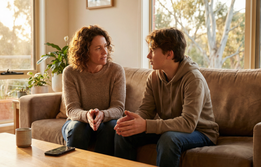 An Australian parent and teenager sit together on a couch having a meaningful conversation in a modern living room, with a smartphone set aside on the coffee table and soft golden-hour light streaming through windows showing gum trees outside.