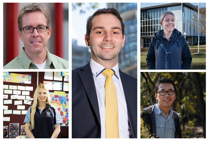 Collage showing five individual portraits of UNE students