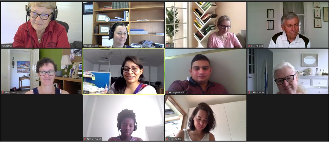 A group of 10 men and women are shown on a Zoom video call.