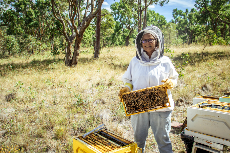 Carolyn Sonter holding a frame of honey