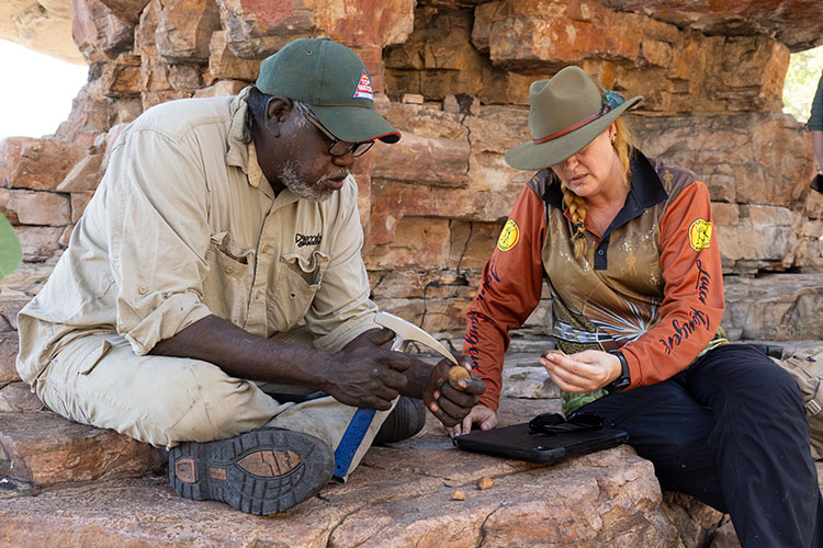 Mirrar Elder and senior Djurrubu Ranger Clarry Nadjamerrek and Associate Professor Jillian Huntley.