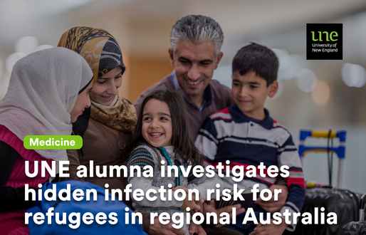 A smiling Middle Eastern family — including a woman wearing a white hijab, a man, and two young children — gathered closely together in what appears to be an airport or transit setting, looking at something together with warm expressions. A green label reads 