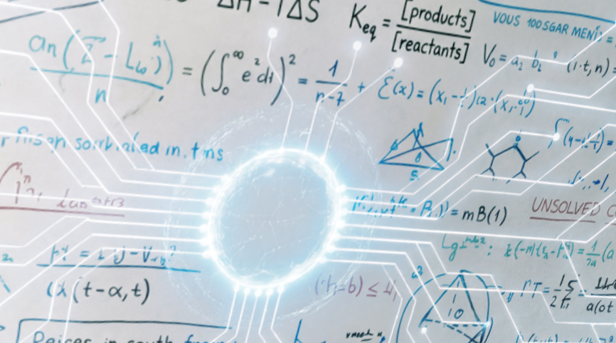 AI generated image: whiteboard carrying fake equations with blue depiction of neural network overlaid