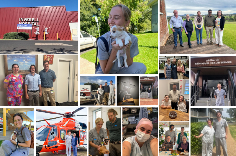 Photo collage of LIC medical students on rural placement: Inverell Hospital exterior, students in scrubs holding a small dog, a group standing outdoors with a regional landscape, a Westpac rescue helicopter with staff, a clinical simulation session with a mannequin, and a student outside Armajun Aboriginal Health Service.