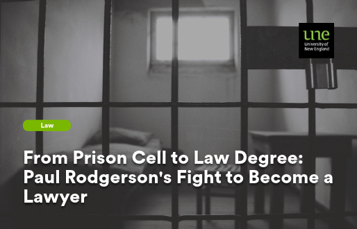 Black and white photograph of a prison cell viewed through iron bars, with the UNE logo in the top right corner and the article headline 