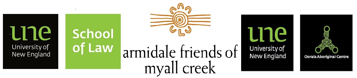 logos for UNE Law - Friends of Myall Creek - Oorala