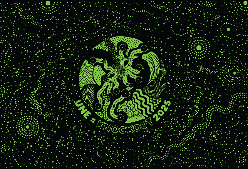 An Aboriginal-inspired artwork set against a starry, space-like background. The design blends order and movement, with constellations scattered across the scene as dotted clusters. At the center, winding journey lines connect key points, symbolizing travel routes and the movement of people coming together. Around the outer circle, textured patterns represent land, animals, water, and community, each section carrying its own meaning. A central globe shape reveals three spirit-like figures reaching toward each other, their paths converging on a gathering place. The overall composition evokes connection, unity, and the shared journey that brings communities together.