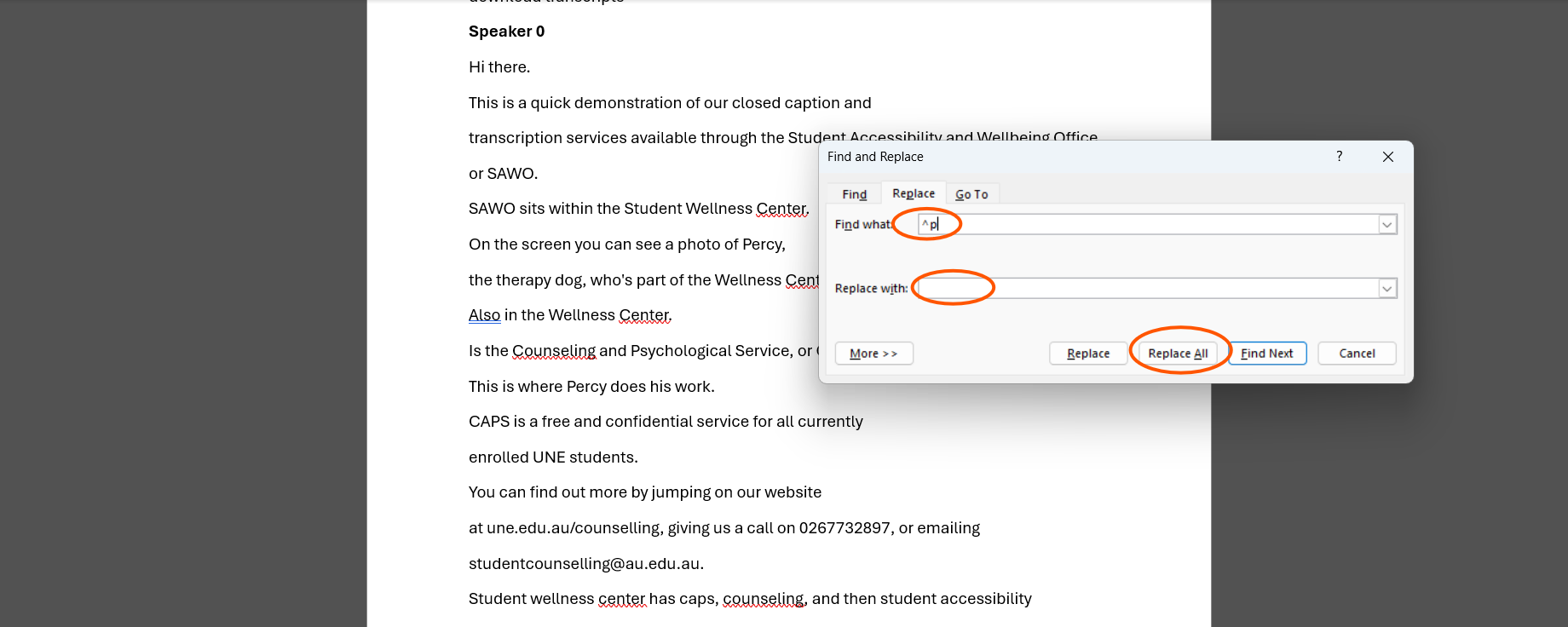 Screenshot of a Word document with the Find and Replace function