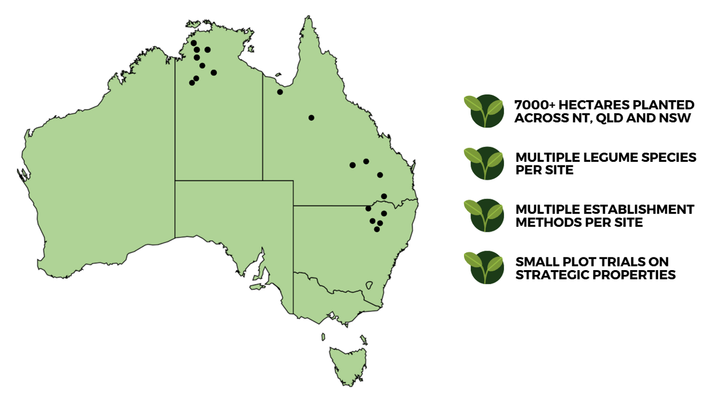 A map of Australia showing approximately sites indicated by dots, where participating producers' properties are located in northern NSW, Queensland and Northern Territory