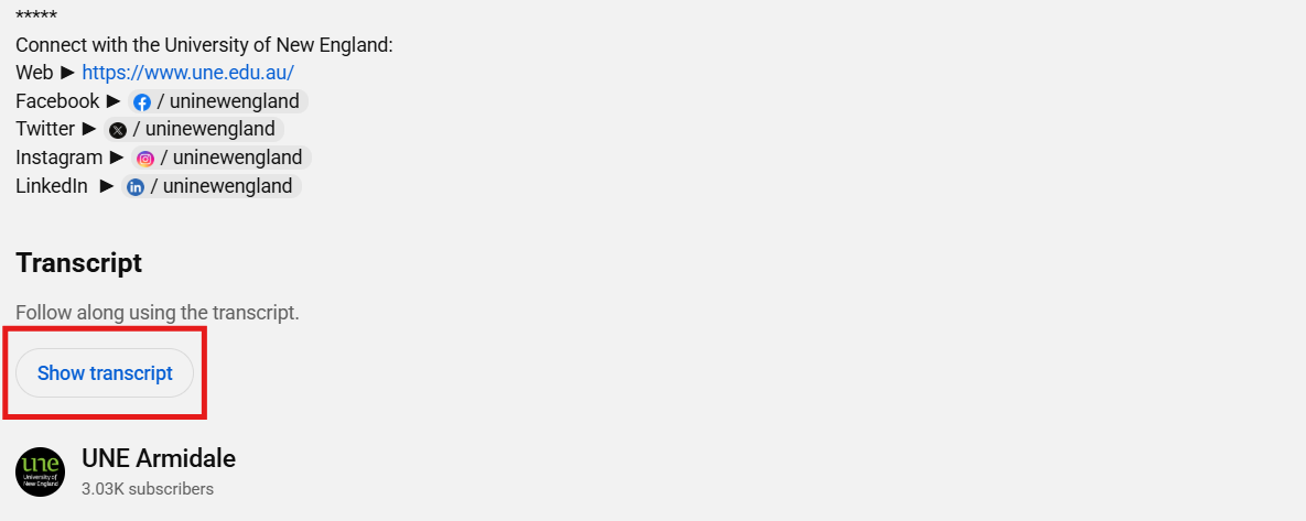 Screen shot of you tube with transcript button highlighted