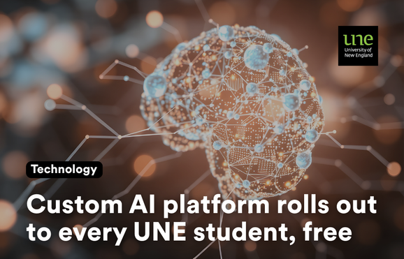 A graphic showing the headline: Custom AI platform rolls out to every UNE student, free