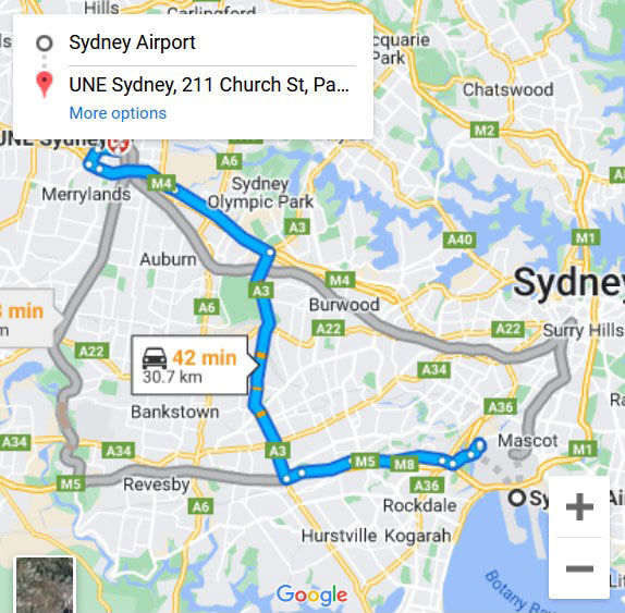 Screen shot of Google maps, directions to UNE Sydney from Paramatta train station show you how to take the Darcy Street exit, go left down Darcy Street, then right into Church Street.