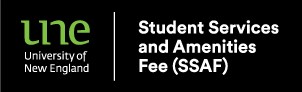 Black image with the University of New England Logo and text: Student Services and Amenities Fee (SSAF)