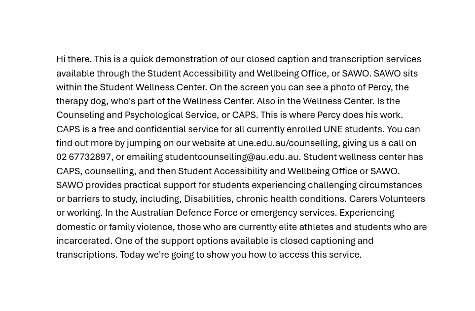 Screenshot of Word document version of transcripts after remove line breaks
