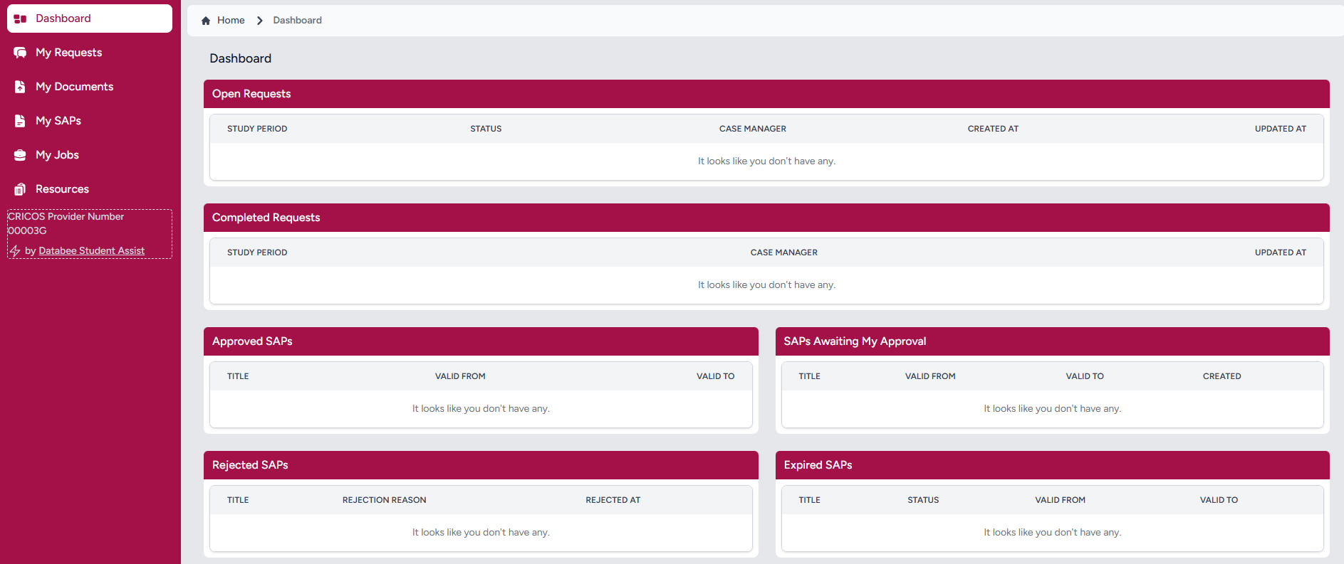 Screen shot of the Student Assist Dashboard