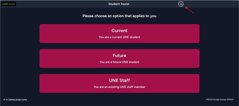 Screen shot of the Dark Mode toggle on Student Assist