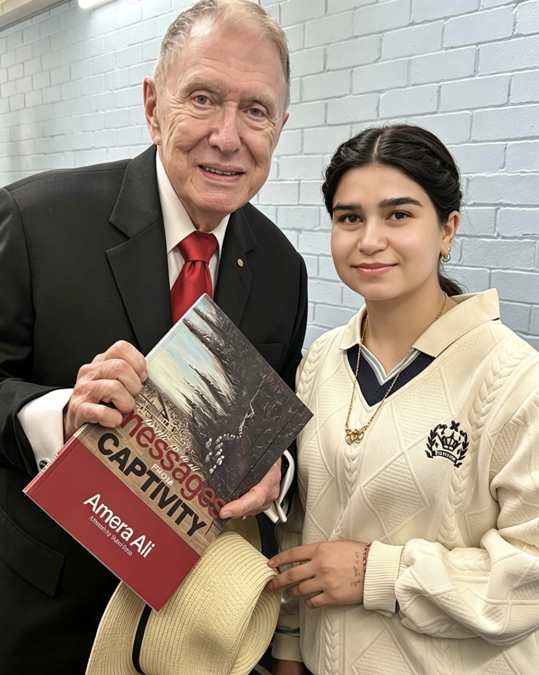 Former High Court Justice and UN Commissioner Michael Kirby stands beside Yazidi genocide survivor and UNE law student Amera Ali, both smiling at the camera. Kirby holds a copy of Amera’s memoir For Ali, For Us All – Messages From Captivity in one hand and a hat in the other, while Amera, wearing a cream cable‑knit jumper, rests her hand lightly on his arm. They are standing against a pale blue brick wall.