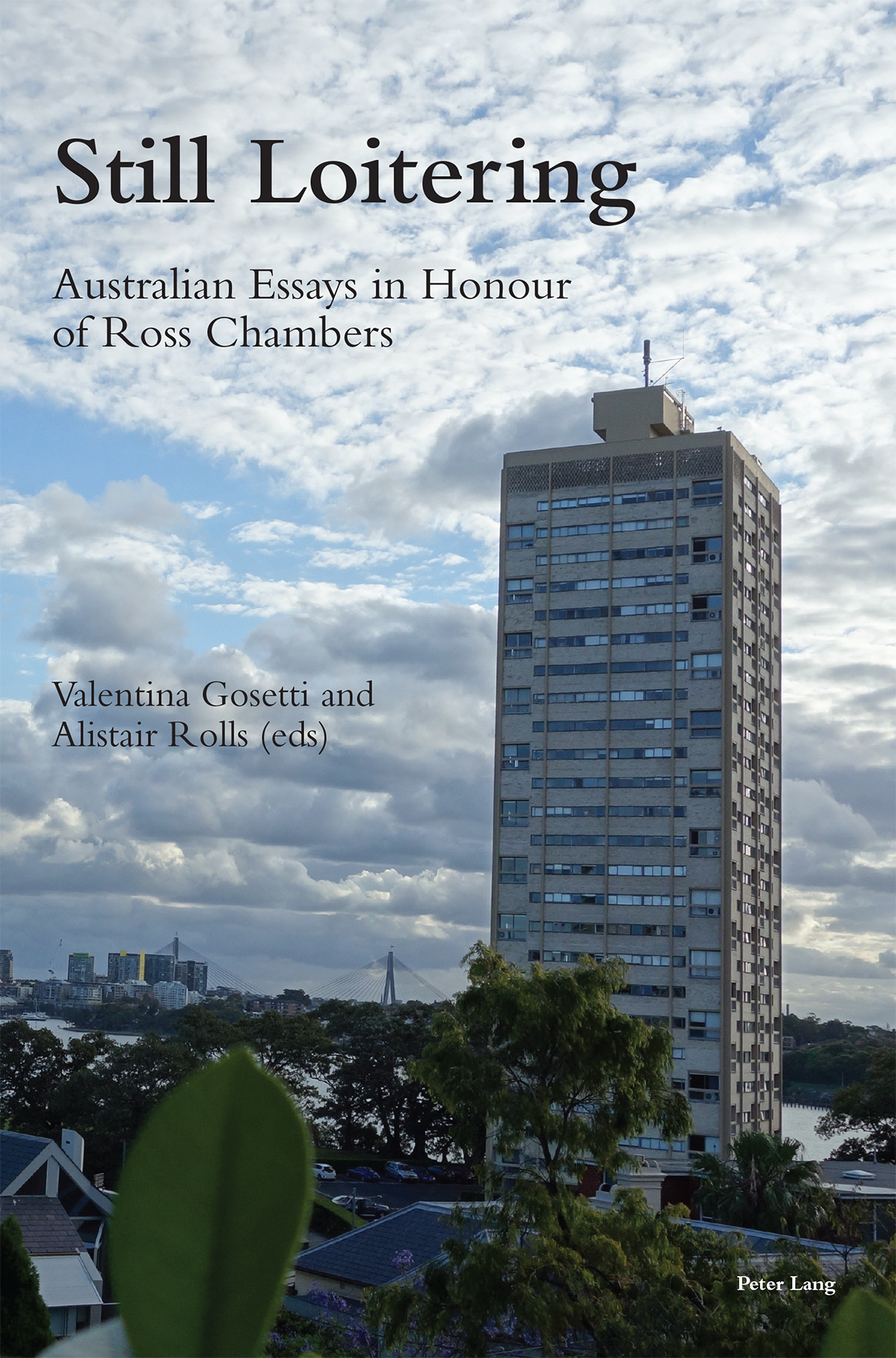 Book cover with a high-rise tower against a cloudy sky 