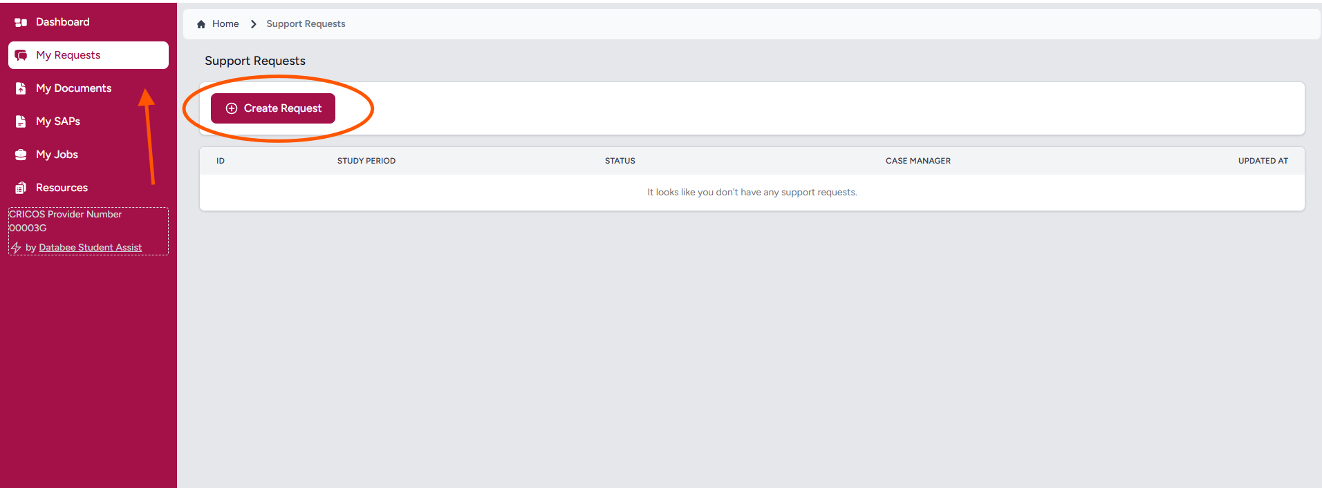 Screenshot of create request button on Student Request