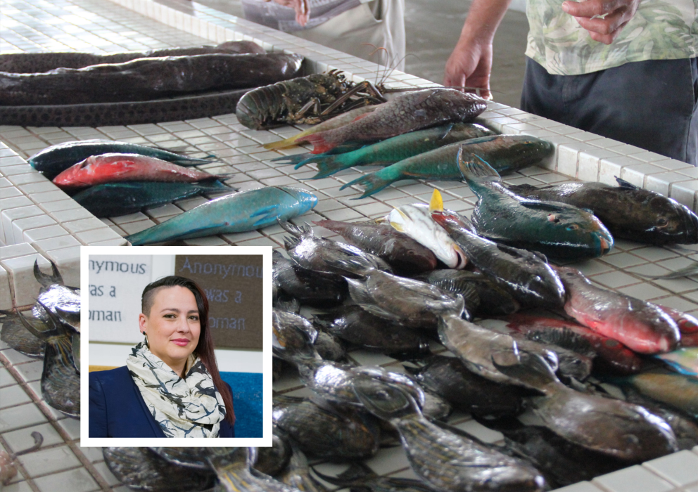 A table full of fresh and colourful market fish in a marketplace in Samoa