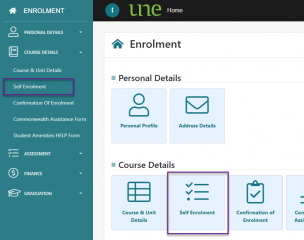 Enrolment dashboard screen indicating the location of links to Self-enrolment in under Course Details in the Navigation menu and the fourth tile link in the main content area