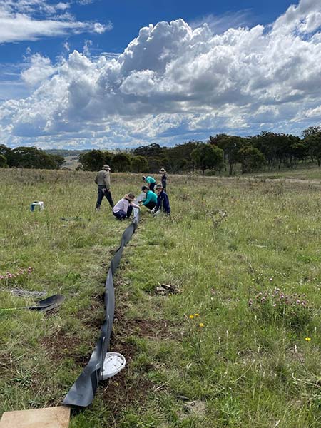 Image shows a group of students digging and installing installing a drift fence trap line. 
