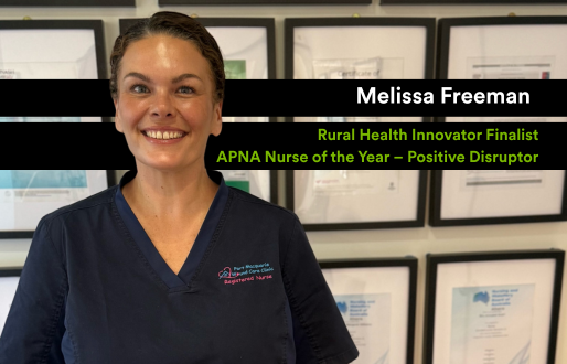 An image of Melissa Freeman, a UNE Nursing academic, smiling and wearing a navy blue scrub top with the 