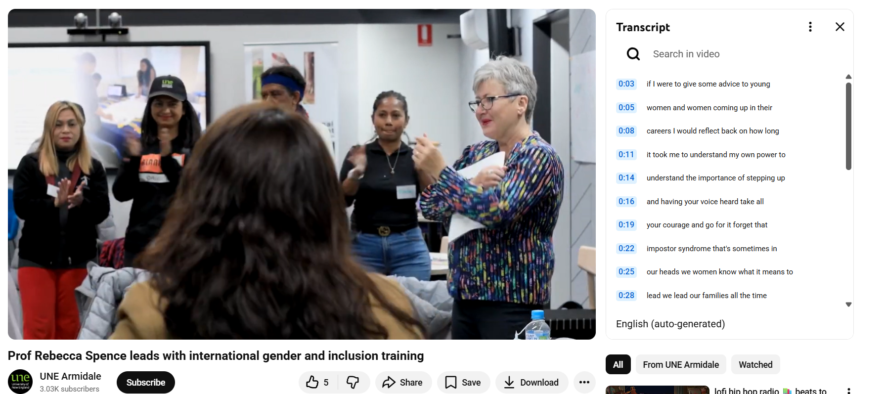 Screenshot of a youtube video showing the transcript window beside it