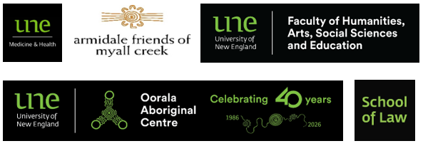 logos for Friends of Myall Creek Armidale, UNE School of Law, Oorala Aboriginal Centre, UNE HASSE and UNE Medicine & Health