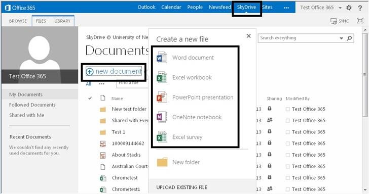 Image highlighting the 'new document' button, with options of Word document, excel workbook, powerpoint presentation, onenote notebook and excel survey