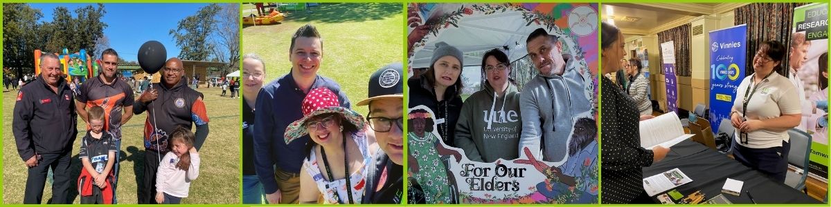 A collection of photos of UNE's staff smiling at community events