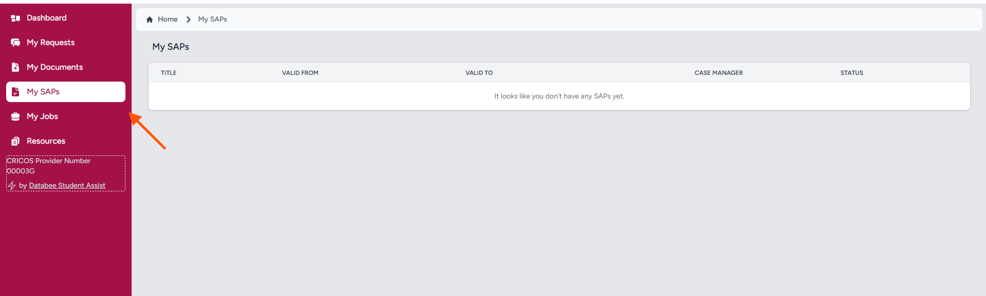 Screenshot of My SAPs on Student Assist