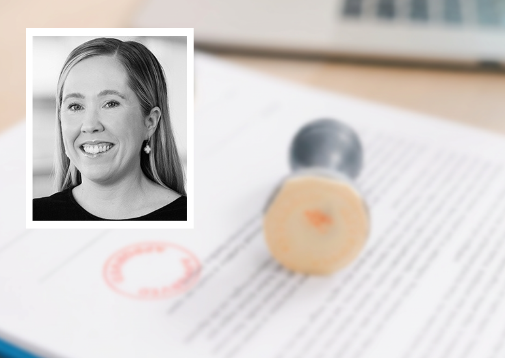 Portrait image of property law specialist Koreen Partridge and a background of a contract signing.