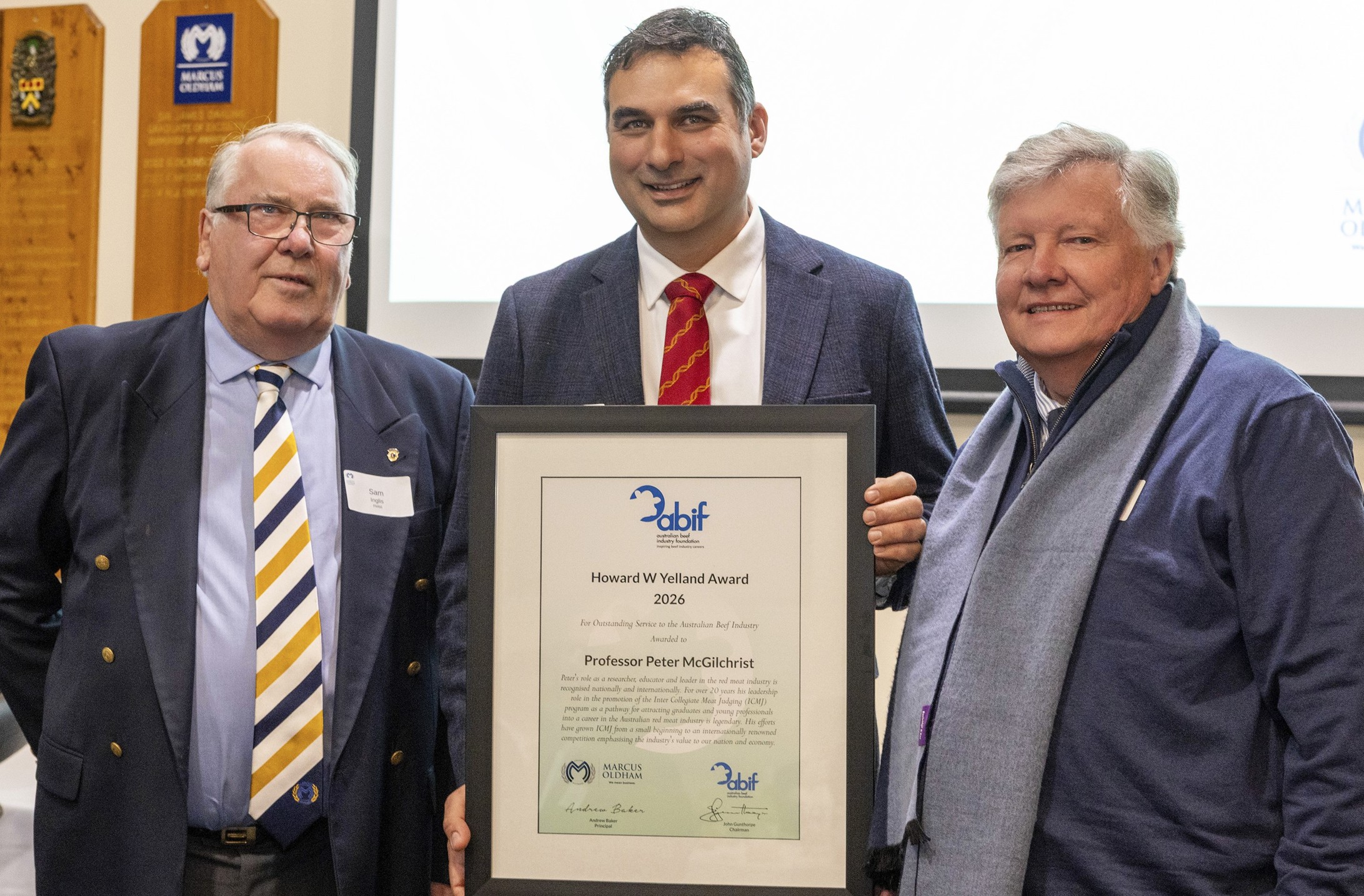 Professor Peter McGilchrist receives the 2026 Howard Yelland Award from John Gunthorpe, Chairman of ABIF and Sam Inglis, Director, ABIF Education Fund at the Marcus Oldham College NAB Rural Leadership Dinner.