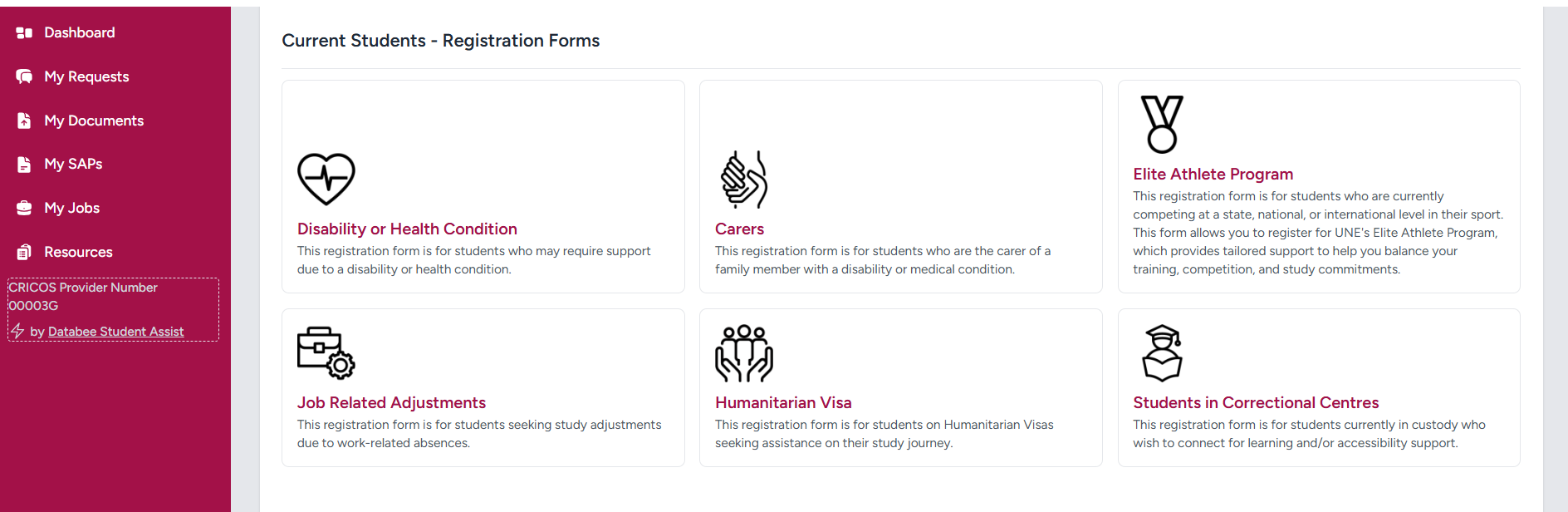 Screenshot of Registration Forms Student Assist