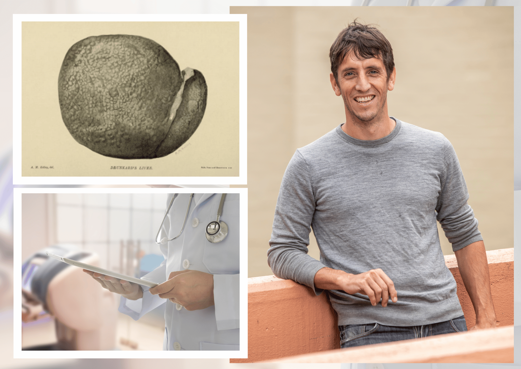 Researcher Matt Allen alongside historical picture of a liver and modern medical setting. 