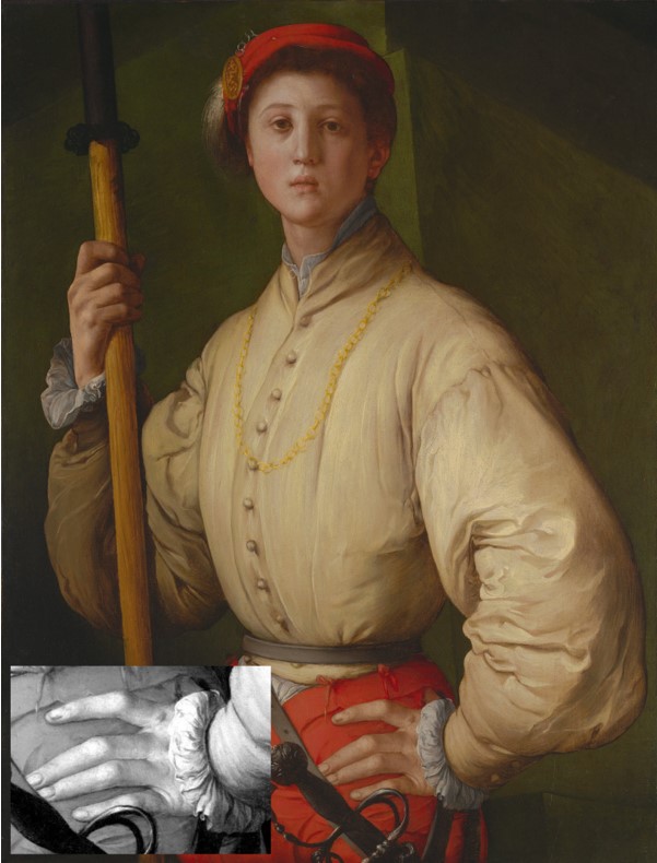 Portrait of a Halberdier by Jacopo Pontormo, painted in 1529-1530 or 1537. Public domain, via Wikimedia Commons. Insert, a close-up of the subject's left hand. 