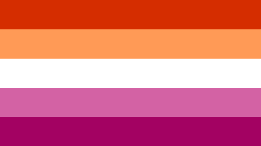 Lesbian flag consisting of 5 stripes - a dark orange, a light orange, a white, a pink and a dark purple