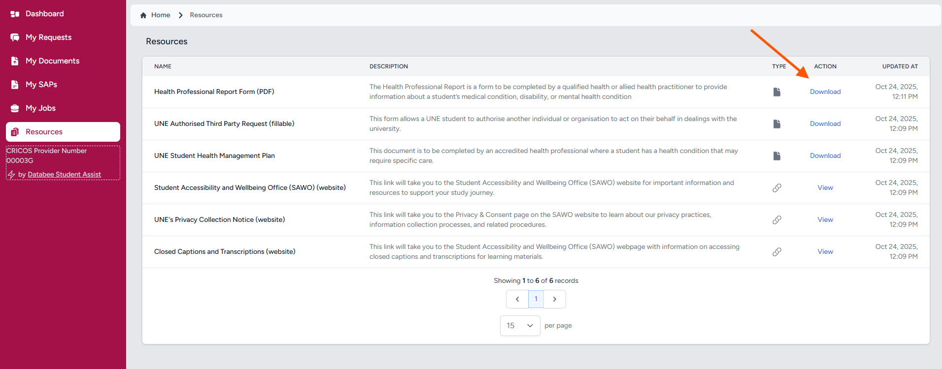 Screenshot of the resources tab on Student Assist