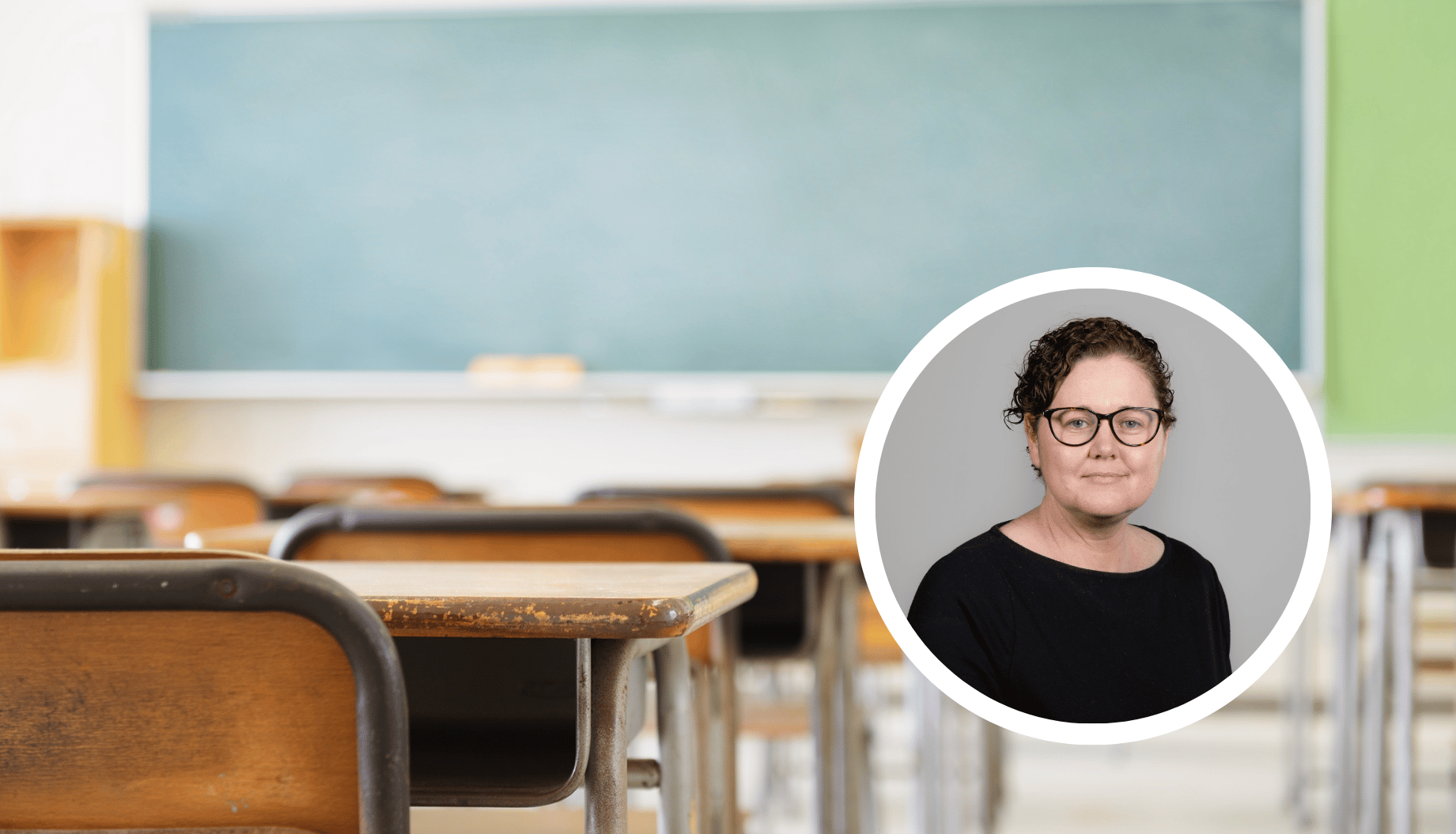 A classroom and portrait image of education researcher Dr Genevieve Thraves