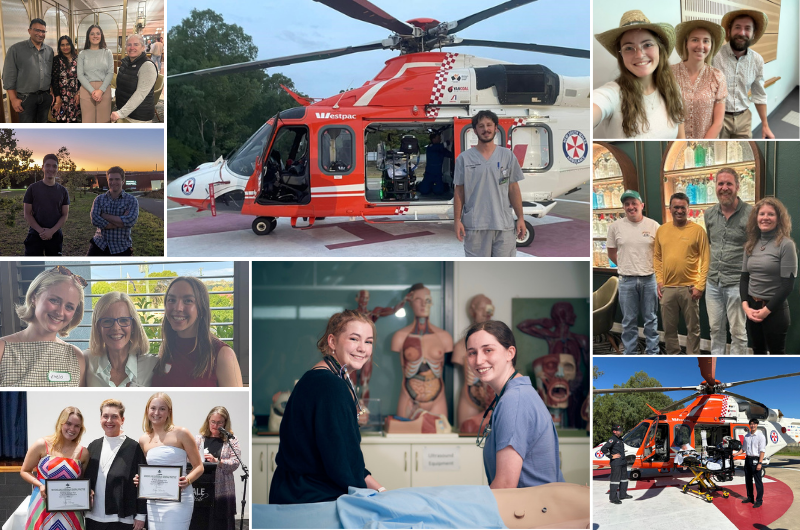 Photo collage of LIC medical students on rural placement: Inverell Hospital exterior, students in scrubs holding a small dog, a group standing outdoors with a regional landscape, a Westpac rescue helicopter with staff, a clinical simulation session with a mannequin, and a student outside Armajun Aboriginal Health Service.