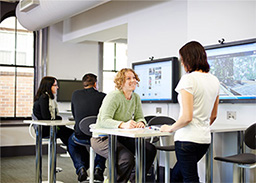 Student talking to a woman in a study room