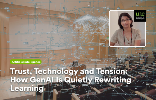 Lecture theatre with empty rows of seats overlaid by a translucent digital network and data visualisation, suggesting artificial intelligence embedded in the learning environment. In the top-right corner is an inset photo of UNE Business academic Nina Bhardwaj wearing glasses and a light top, seated and looking towards the camera, with the UNE logo beside her.