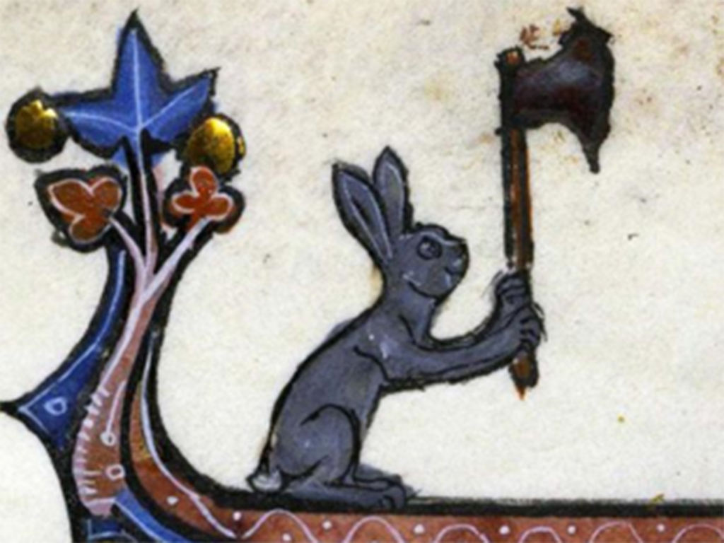 A medieval illumation drawing of a rabbit wielding an axe