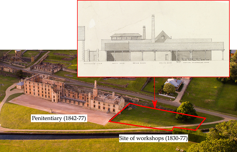 Annotated picture showing the location and reconstruction of a convict-era Port Arthur workshop